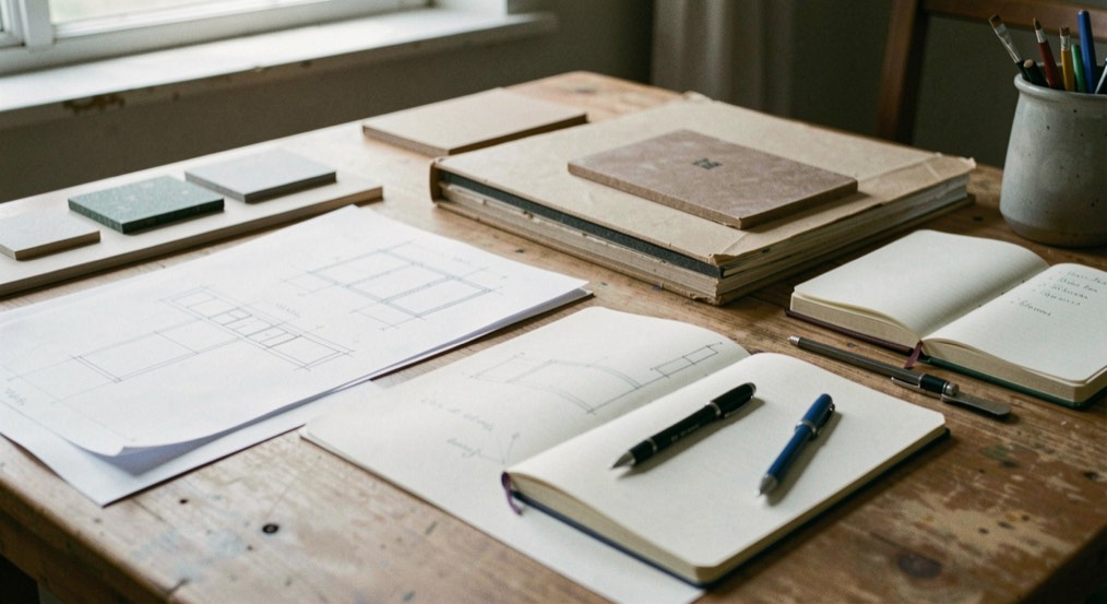 Des plans, des échantillons de matière et un carnet de notes composent une table de recherche architecturale